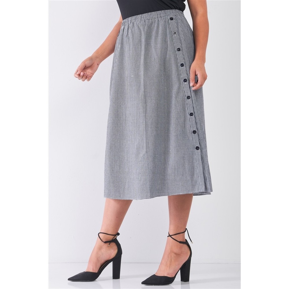 Plus Size Black Gingham Print Side Button Midi Skirt - Picture 3 of 7